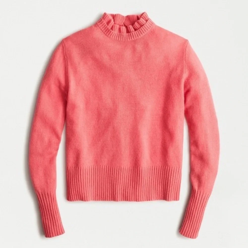 J. Crew Lambs Wool Blend Ruffle Neck Sweater in Brilliant Coral